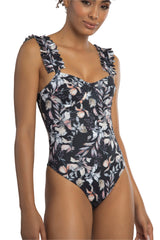 One-piece swimsuit with black floral print-Ref. Marruecos