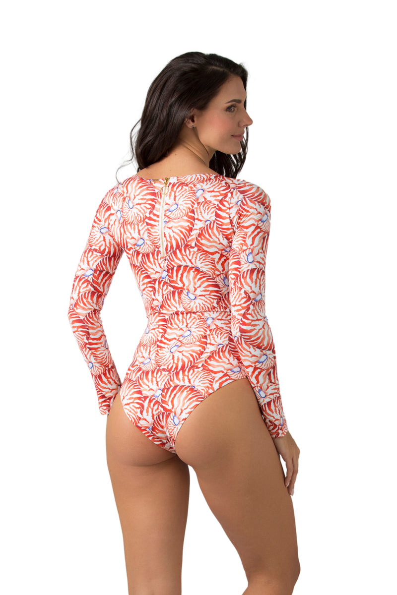 One-piece swimsuit with seashell print in red - Ref. Sunset